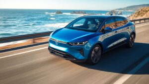 BYD Dolphin EV driving on a scenic coastal road.