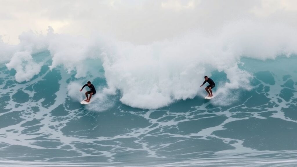 Surfers Luke Johnson and Ben Gravy riding huge hurricane waves.