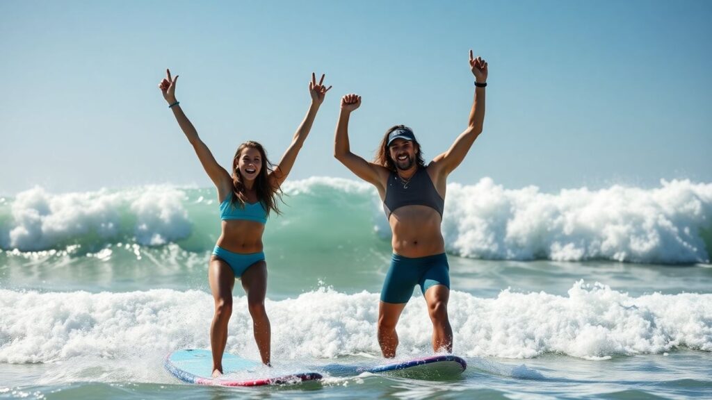 Surfers celebrate winning world championship titles.