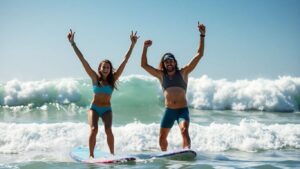 Surfers celebrate winning world championship titles.