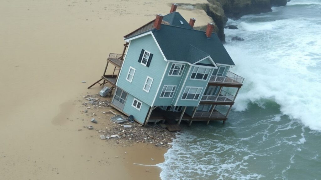 Oceanfront house collapses into the sea due to erosion.