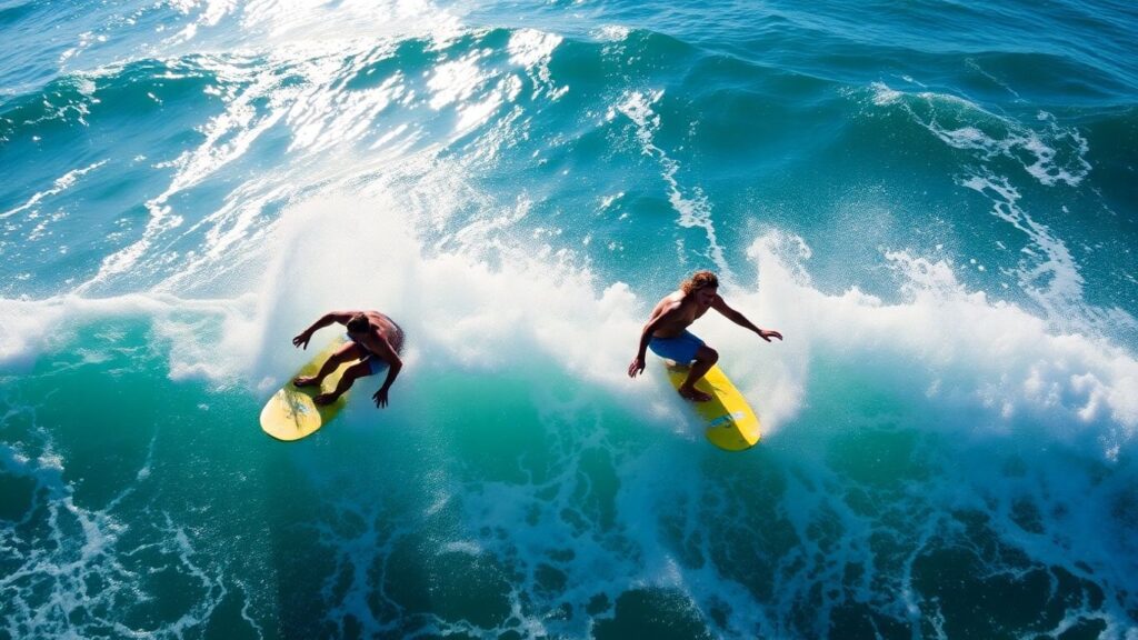 Surfers Inso and Spencer riding waves at Super Girl Surf Pro.