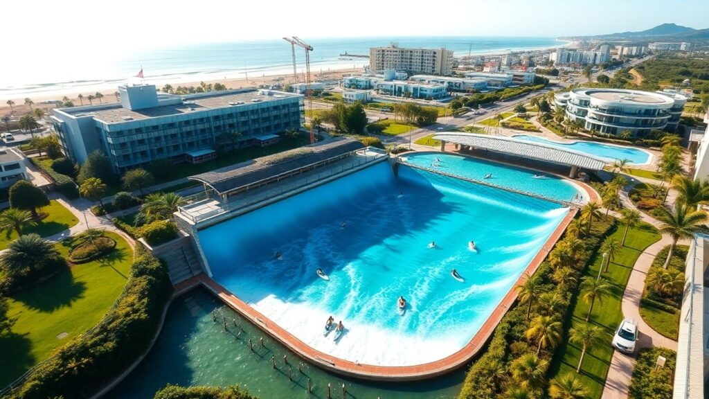 Surfers ride artificial waves at a new surf park.