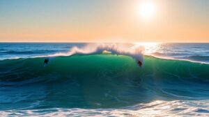 Surfers ride a large ocean wave during a competition.