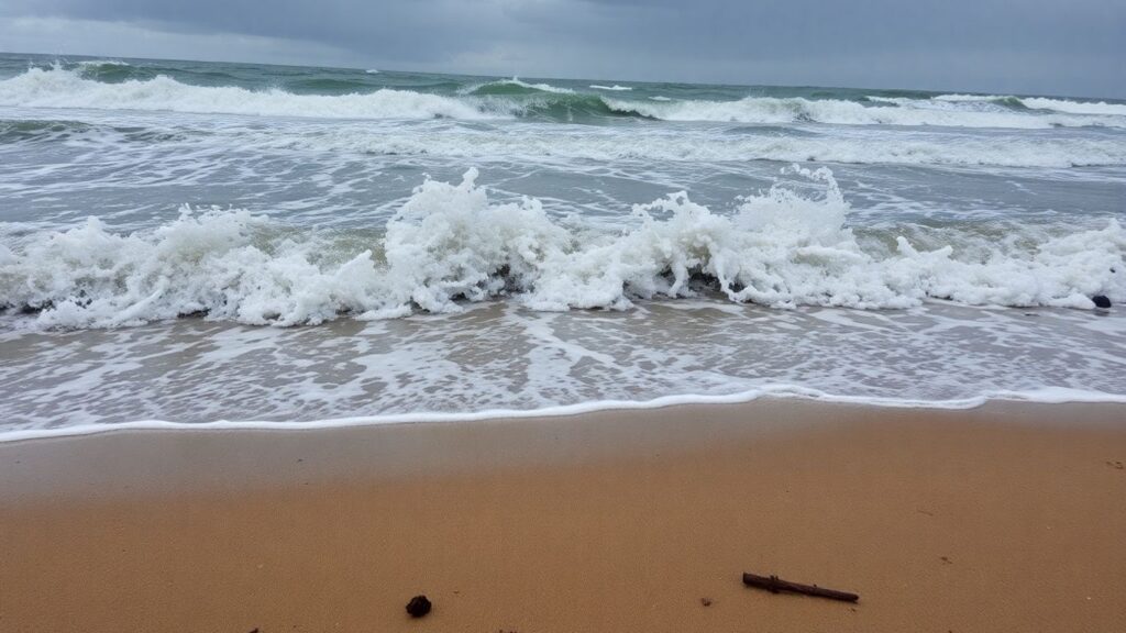 Stormy waves crashing on a beach with debris.