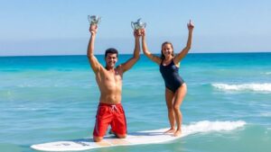 Surfers holding trophies after winning a competition.