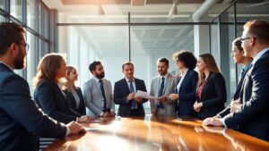 Business professionals collaborating in a bright, modern office meeting.