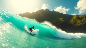 Surfer riding a wave in Fiji.