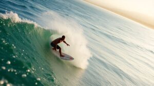 Pro surfer riding a wave, ocean spray.