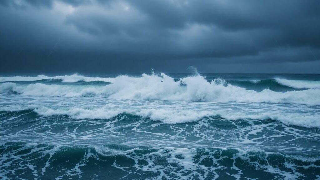 Crashing waves and heavy rain on a stormy coast.