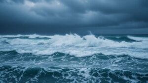 Crashing waves and heavy rain on a stormy coast.