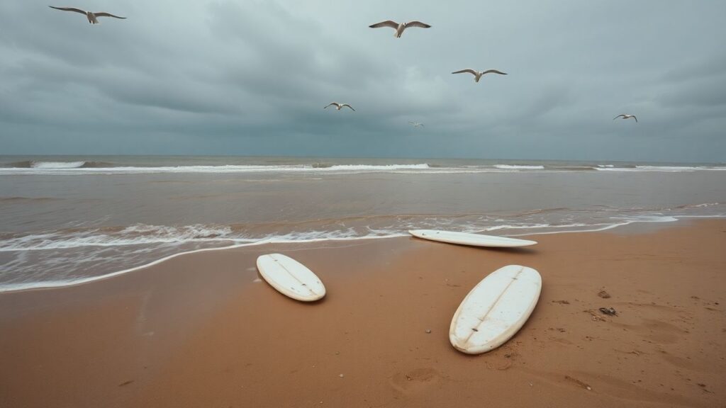 Polluted beach with abandoned surfboards and murky water.