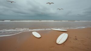 Polluted beach with abandoned surfboards and murky water.