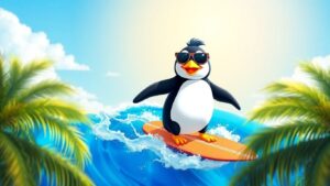 Animated penguin surfing on a wave