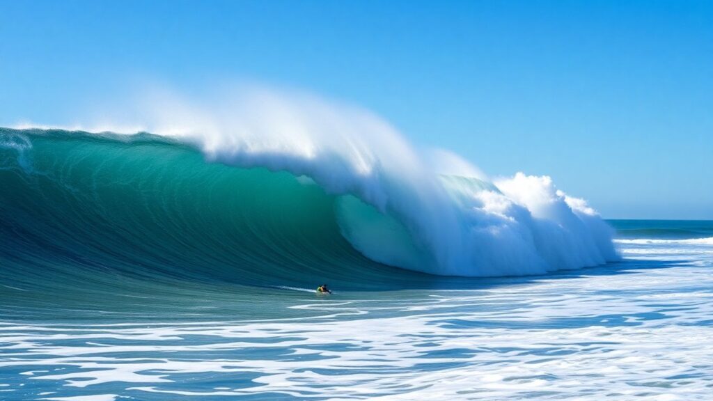 Massive ocean wave barrels with surfers during a competition.