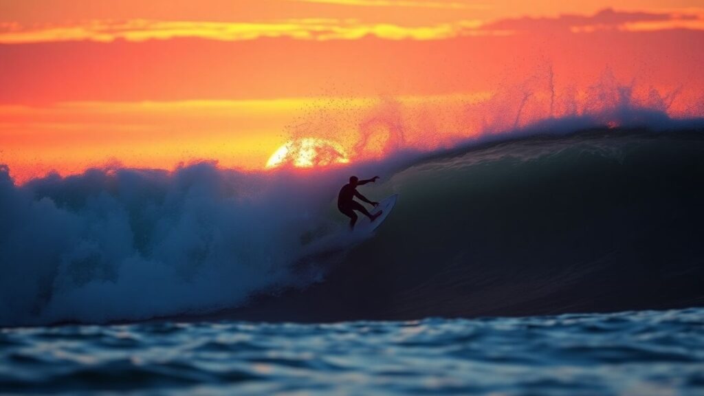 Surfer riding a giant wave at sunset, championship tour.