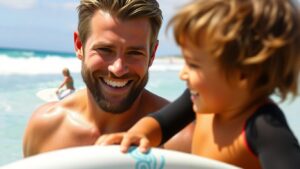 Chris Hemsworth watches son Sasha win surfing competition.