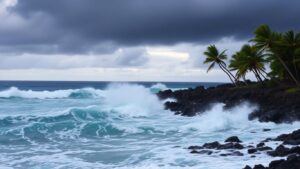 Large waves crash on a stormy Hawaiian beach.