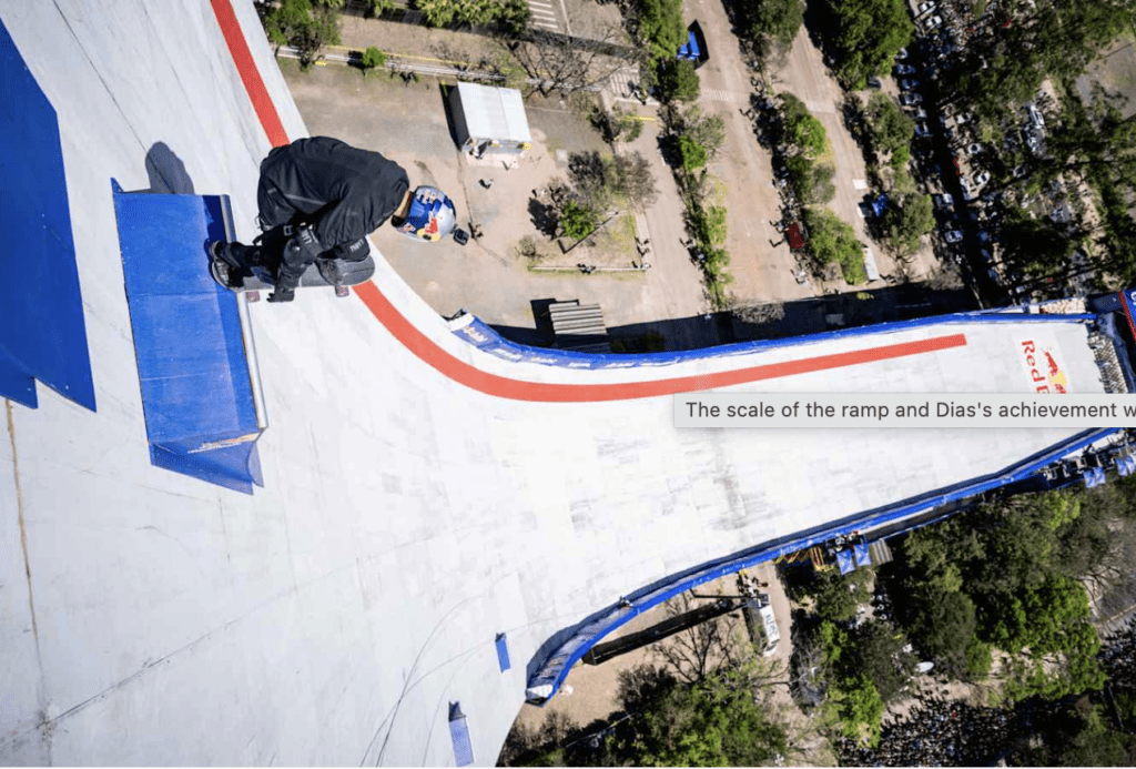 Skateboarder Sandro Dias dropping in on the world's largest ramp in Brazil