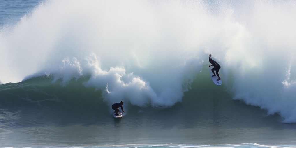 Surfers riding massive waves in a competition.