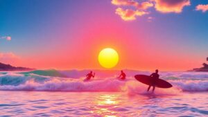 Animated surfers riding ocean waves at sunset.
