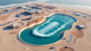 Surf park construction with blue water and surrounding development.