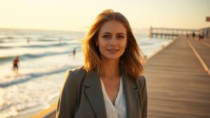 Brooke Farris on coastal boardwalk, waves and surfers in background.