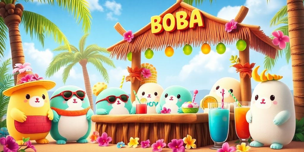 Squishmallows at a tiki-themed boba event.