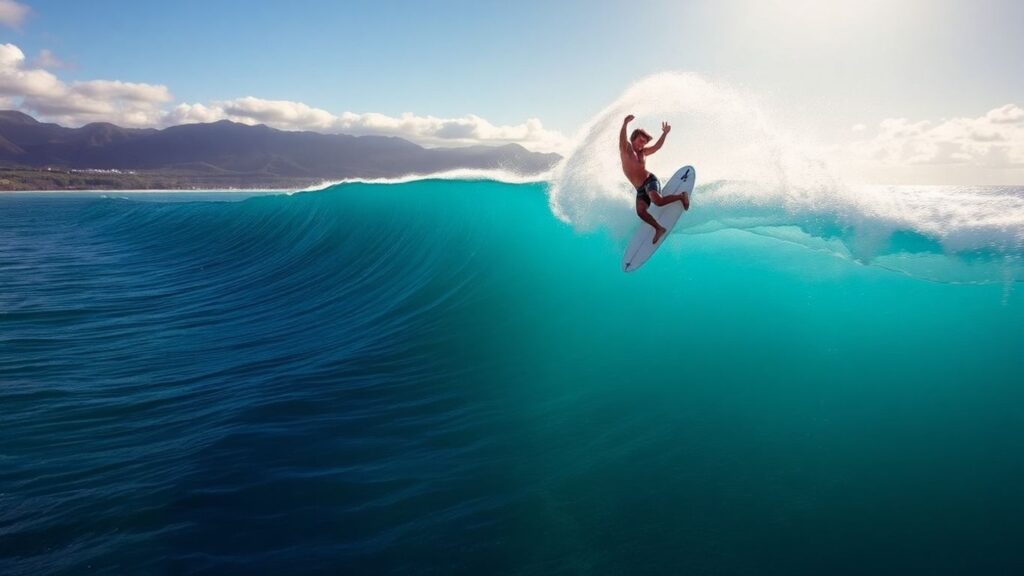Surfer performs aerial on giant wave in Fiji.