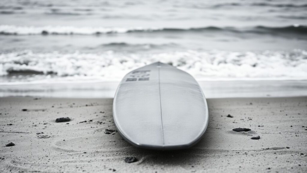 Surfboard on a beach, waves in the background.