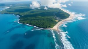 Fijian coastline with surfers and a crowded beach.