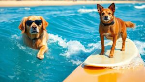 Dogs surfing on waves at a beach.