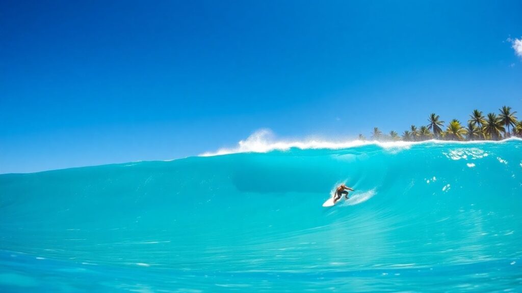 Surfer riding a massive wave in Fiji