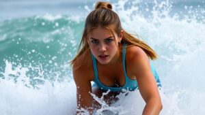 Sierra Kerr surfing a powerful ocean wave.