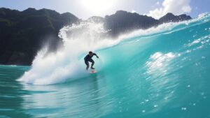 Mason Ho surfing a big wave in Indonesia.