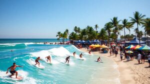 Surfers riding waves at a lively beach surf park
