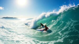 Surfers ride massive waves in Fiji competition.