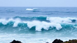 Ocean waves crashing near a rocky coastline.
