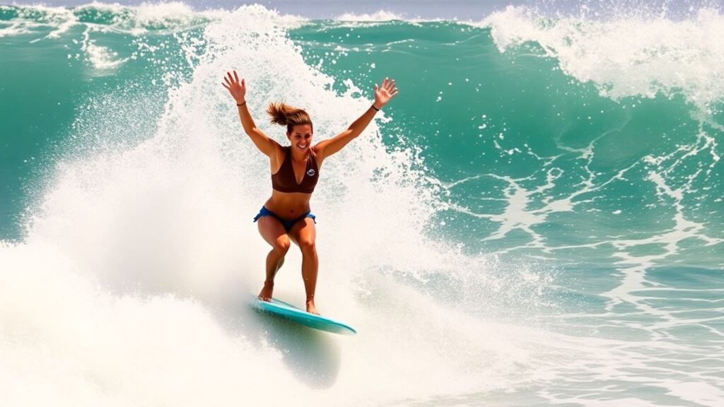Yolanda Hopkins celebrates winning a surfing competition.