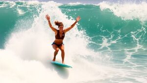 Yolanda Hopkins celebrates winning a surfing competition.