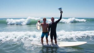 Surfers [Lindblad] and [Slawson] win the US Open of Surfing.