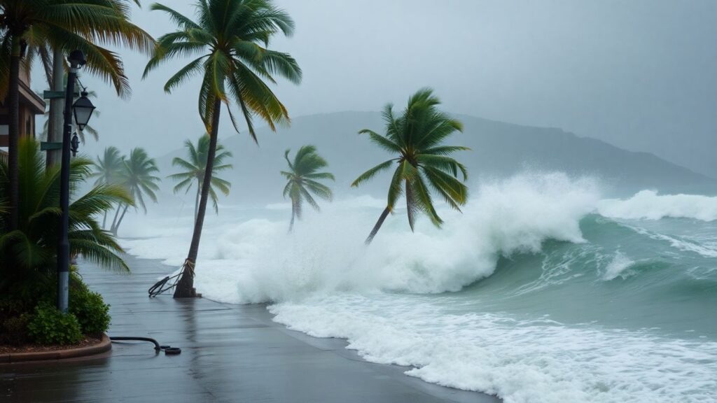 Tropical storm hitting Jamaica with wind, rain, and waves.