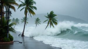 Tropical storm hitting Jamaica with wind, rain, and waves.