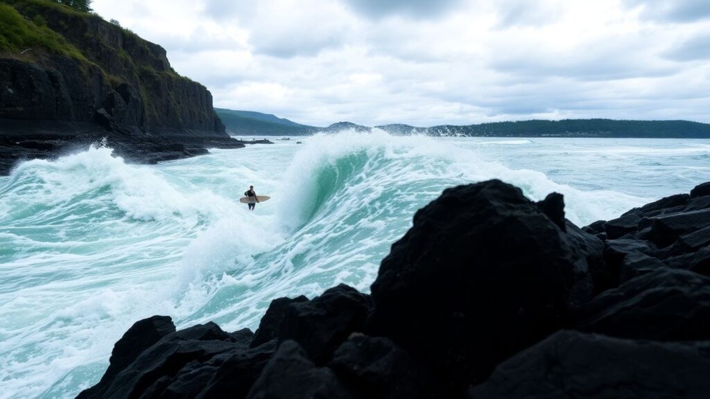 Surfer navigates a massive whirlpool in Skookumchuck Narrows.