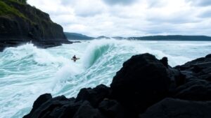 Surfer navigates a massive whirlpool in Skookumchuck Narrows.