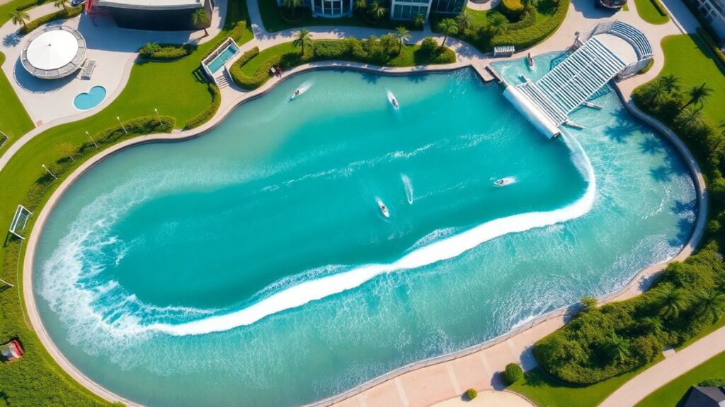 Artificial surf park with surfers riding waves.
