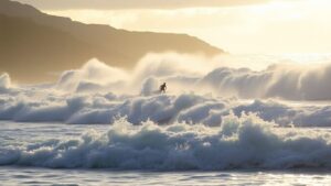 Surfers riding massive waves at Pipeline during a competition.