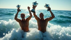 Lindblad and Slawson celebrate US Open of Surfing win.