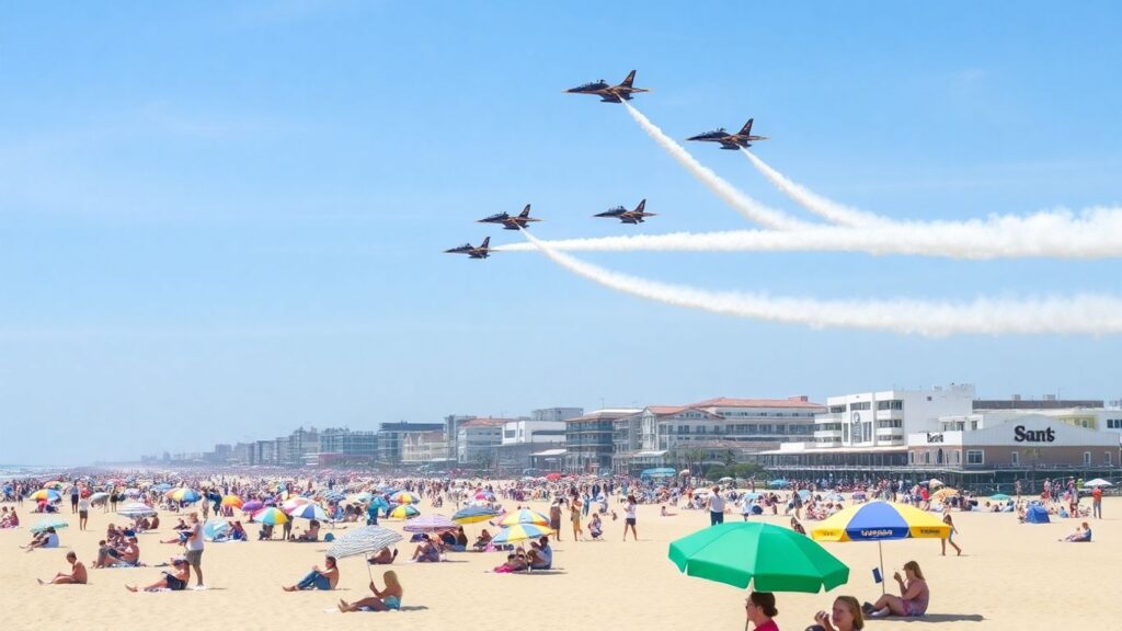 Jets and planes fly over beach crowds and umbrellas.