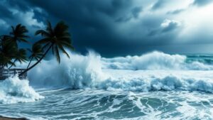 Huge waves slam stormy coast with bending palm trees.